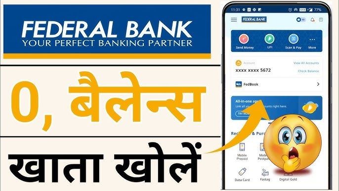 Federal Bank advertisement promoting zero balance account opening with a smartphone app interface.