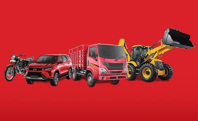 Motorcycle, SUV, truck, and backhoe loader on a red background.