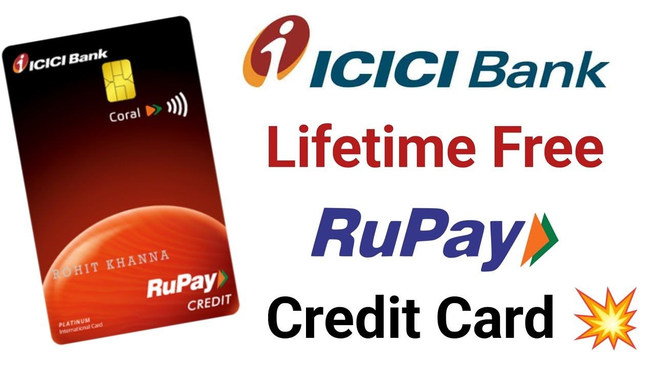 Advertisement for ICICI Bank lifetime free RuPay credit card with a sample card displayed.